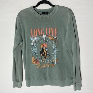 Sutter USA Oversized Long Live Western Green Long Sleeve Graphic Tee T Shirt S